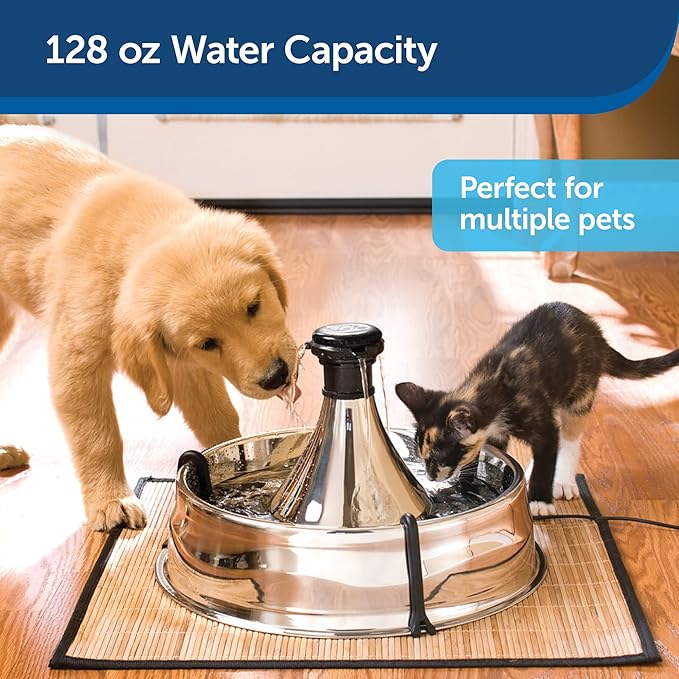 PetSafe Drinkwell Stainless Steel 360 Multiple Pet Fountain - Scratch and Rust Resistant Automatic Water Dispenser for Cats or Dogs - Adjustable Flow Control - 128 Ounce (3.8 Liter) - Filters Included