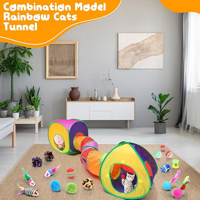 21 Pcs Cat Tunnels for Indoor Set, 3 In1 Collapsible Cat Tunnel Toy with Cube Tent Toys Combo and 20 Pcs Interactive Kitty Toys Feather Toy Fluffy Mouse Crinkle Balls for Kitten Puppy
