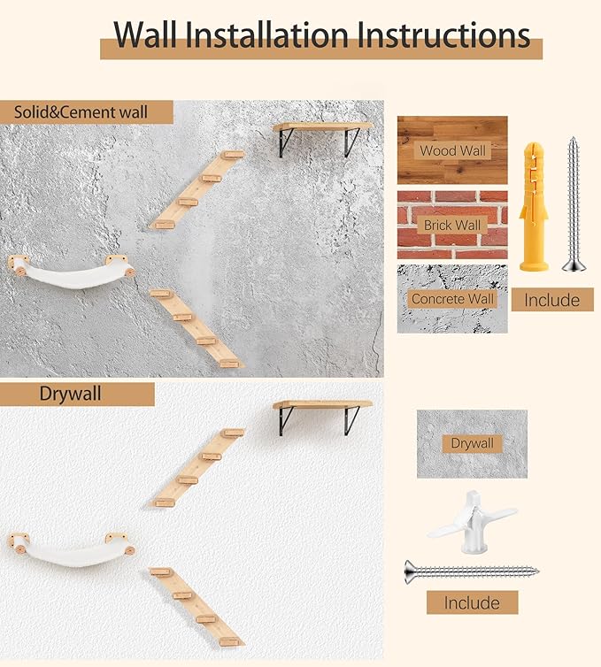 Cat Stairs Hammock Set of 3 – Cat Wall Shelves with 1 Floating Fabric Hammock, 2 Wall Ladders with 4 Steps Each