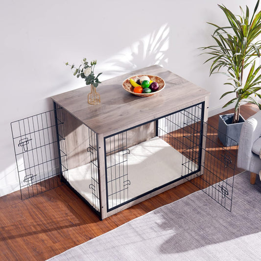 DWANTON Dog Crate Furniture with Cushion, Wooden Kennel Table with Double Doors, Indoor Dog House, Extra Large Size, 43.3" L, Greige