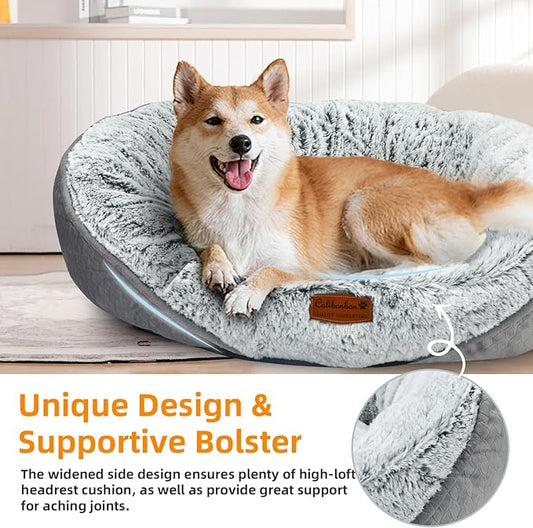 Dog Beds for Medium & Small Dogs - Round Cat Beds for Indoor Cats, Washable Pet Bed for Puppy and Kitten with Slip-Resistant Bottom (Light Grey, 25" L x 22" W x 8" Th)
