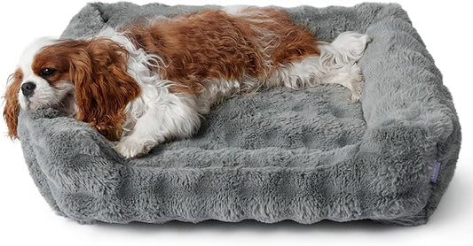 Lesure Fluffy Dog Beds for Medium Dogs - Rectangle Orthopedic Calming Pet Sofa,Plush Bubble Bolster Pet Bed with Removable Washable Cover and Nonskid Bottom,30x24x8inches,Grey