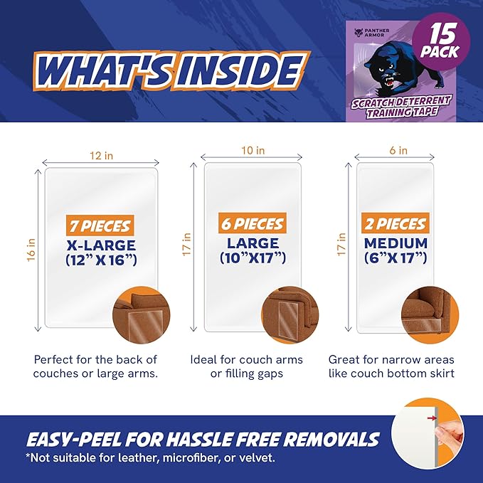 Panther Armor 15-Pack Anti Cat Scratch Deterrent, Couch Protector from Cat Claws, Anti Scratch Training Tapes, Furniture Protector, No Pins for Sofa