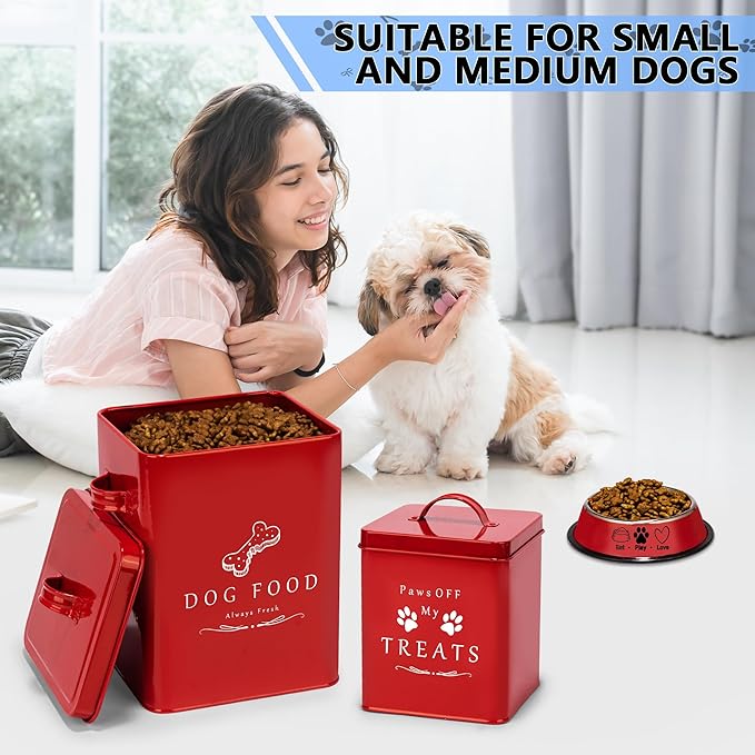 Meraki Home Dog Food Bin & Treats Container - Lateral Handles and Tight Lids - Feed Scoop - Premium Glossy Red Pet Food Bowl -Large Farmhouse Metal Storage Bin - Great Gift for Cute Pets (Glossy Red)
