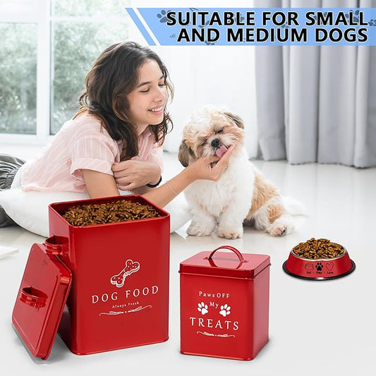 Meraki Home Dog Food Bin & Treats Container - Lateral Handles and Tight Lids - Feed Scoop - Premium Glossy Red Pet Food Bowl -Large Farmhouse Metal Storage Bin - Great Gift for Cute Pets (Glossy Red)