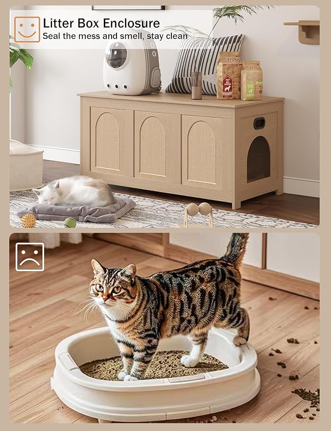 DINZI LVJ Cat Litter Box Enclosure, Flip Top Litter Box Furniture, Farmhouse Hidden Cat Washroom, Wooden Pet House, End Side Table, 39.4" L x 19.7" W x 19.7" H, Sturdy and Easy to Assemble, Natural