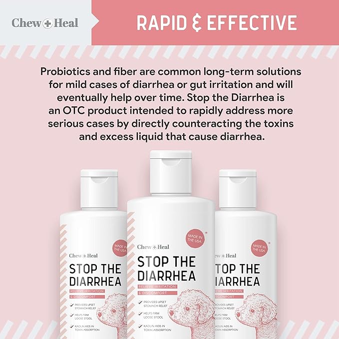 Chew + Heal Labs Anti Diarrhea for Dogs 2oz - Fast Relief Liquid Dog Diarrhea Supplement with Kaolin Pectin Formula - Effective Diarrhea Treatment and Dog Health Upset Stomach Supplement