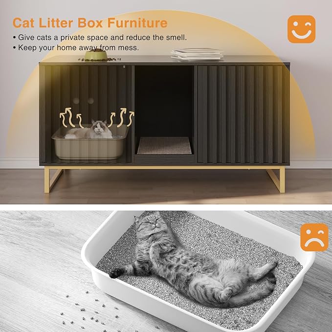Cat Litter Box Enclosure for 2 Cats, 47.6’’ Litter Box Furniture Hidden with Scratch Pad, Double Room Large Cat Cabinet, Indoor Pet House TV Stand Side Table,Cats Washroom, Black