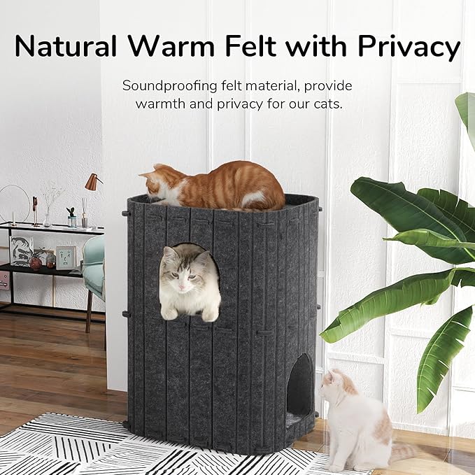 FUKUMARU Cat House for Indoor Cats, 2-Storey Large Cat Bed Cave, Cozy Felt Covered Cats Tunnel Condo Hideaway for Multicats, 17.72x14.37x23.62 inches, Dark Grey