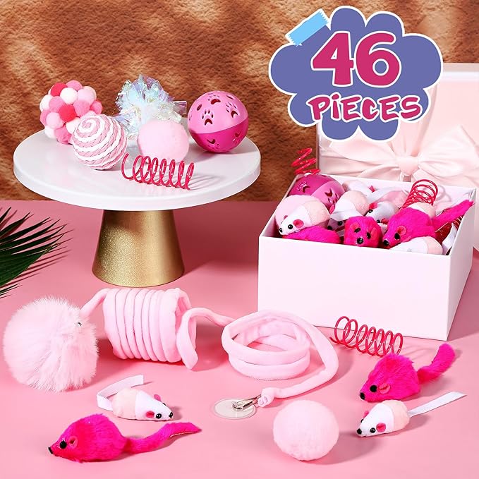 46 Pcs Cat Toys Set Interactive Cute Cat Toys Include Fur Mice Rattle Springs Crinkle Balls Pompom Bell Sisal Ball Puzzle Chase Toys for Kitten Indoor Stuff Gift(Pink)