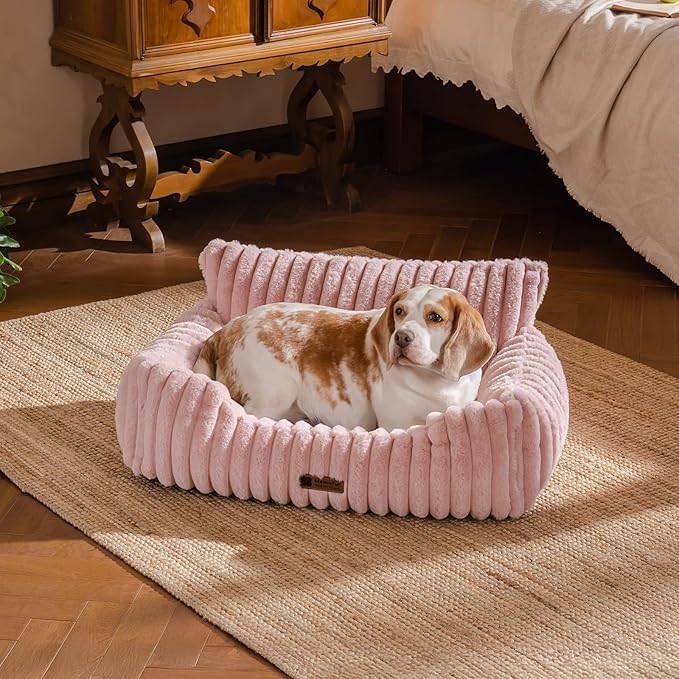 MEWOOFUN Dog Sofa Bed, Fluffy Dog Couch with Removable Washable Cover, Supportive Puppy Bed for Medium Sized up to 45 lbs (Pink, 36x28x12)