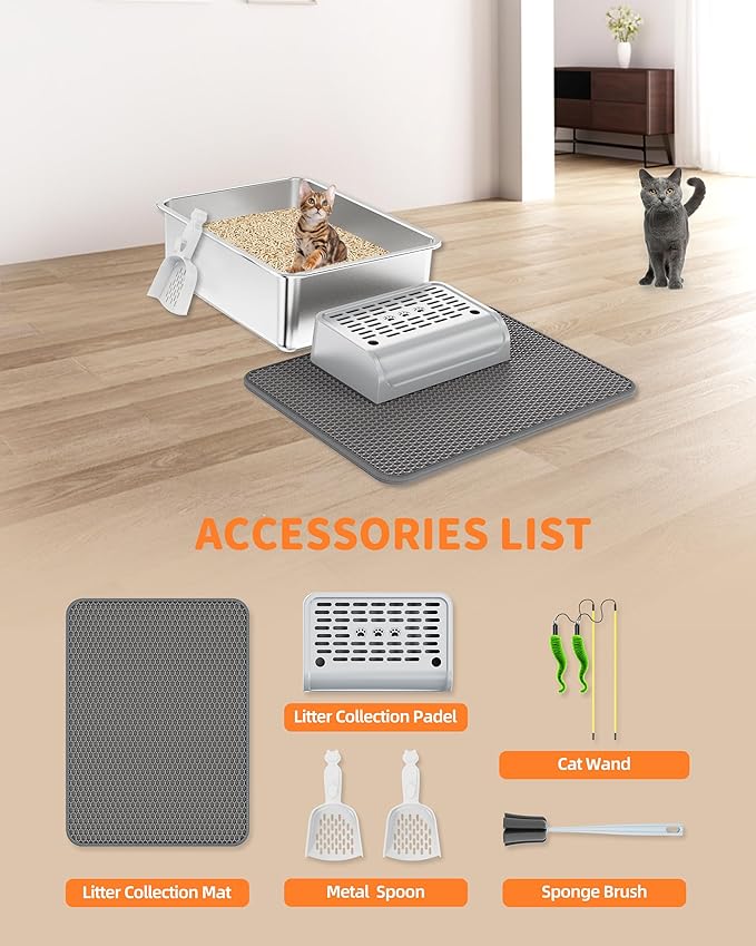 Stainless Steel Litter Box Set- [6-in-1] Cat Litter Box with Pedal, Mat, Litter Scoop, Brush, Cat Wands, Non-Sticky Metal Litter Box for Cat, Kitty, Rabbit, Odorless, Easy Clean(17.7"x13.8"x6",3 Pack)