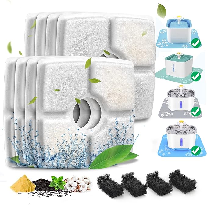Cat Water Fountain Filter, 84 oz/2.5 L Replacement Filter for Automatic Pet Water Fountains, Cotton Activated Carbon Cat Fountain and Foam Filters (Square 8+4 Pack)