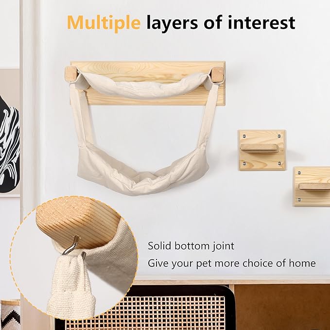 Luxury Wooden Cat Furniture with Double Hammock & Steps | Stylish Modern Hammock | Multi-Level Wall Furniture with Sisal | Premium cat Bed | cat Shelves for Wall | Wall Mounted cat Furniture