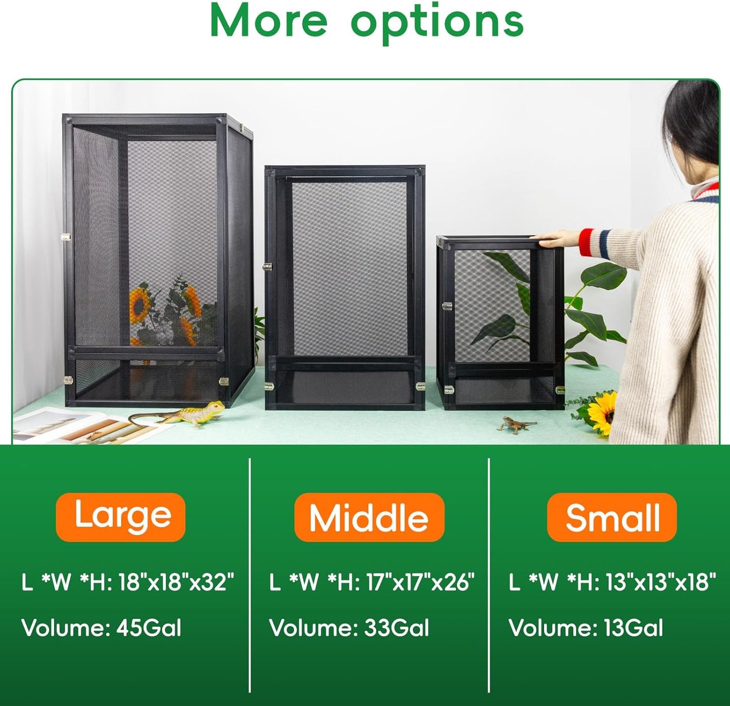 45 Gal Detachable and Foldable Reptile Butterfly Cage Terrarium, 360° Observation, Airflow, Interaction in Gecko Tank for Crested Geckos, Leopard Geckos, Chameleons, Bearded Dragons