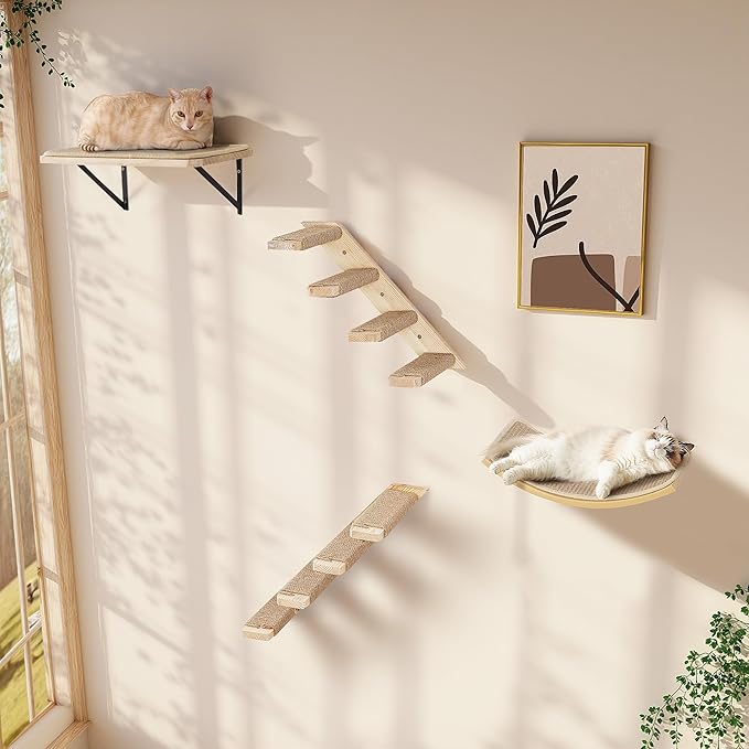 Wall Mounted Cat Shelves Set for Large Cats, 4 Piece Wood Cats Wall Furniture with Sisal-Padded Bed, Flat Perch and 2 Climbing 4-Steps Stairs
