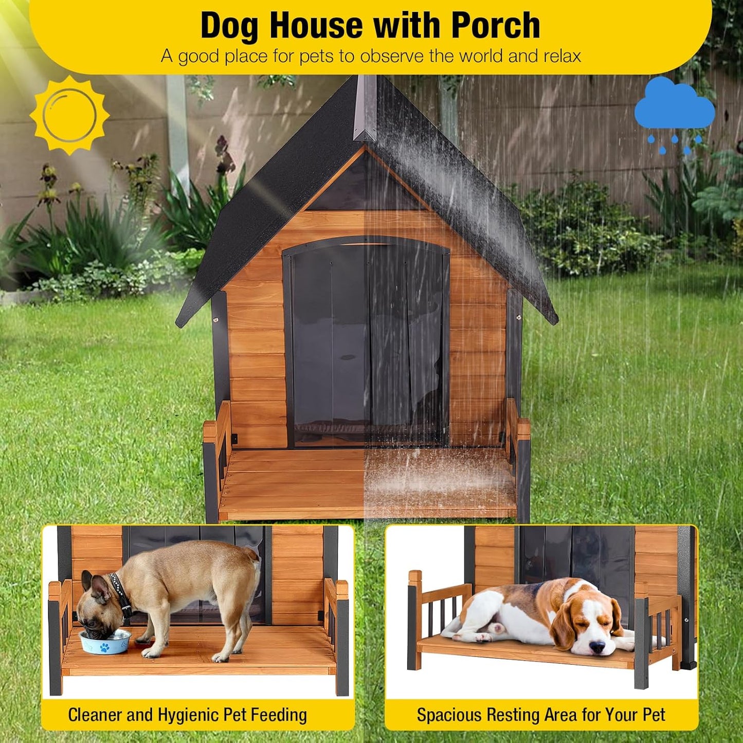 Outdoor Dog House with All-Around Insulated Liner Weatherproof Puppy Shelter Indoor Dog Kennel, Anti-Bite Dog Home for Large Breed with Porch (Brown, Large)