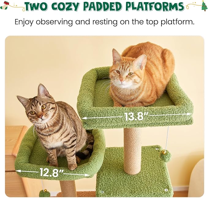 MWPO Green Modern Cat Tree, 70.1-Inch Large Wood Cat Tower for Indoor Cats, Multi-Level Tall Cat Condo with 2 Padded Perches, Hammock, Scratching Posts, Dangling Toys for Large Adult Cat