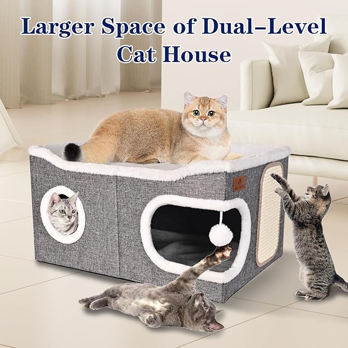 Extra Large Cat Beds for Indoor Cats, Covered Cat Cave Beds & Furniture with Scratch Pad and Fluffy Ball, Foldable Condo Hideaway with Reversible Cushion for Multi Small Pet Large Kittens, Grey