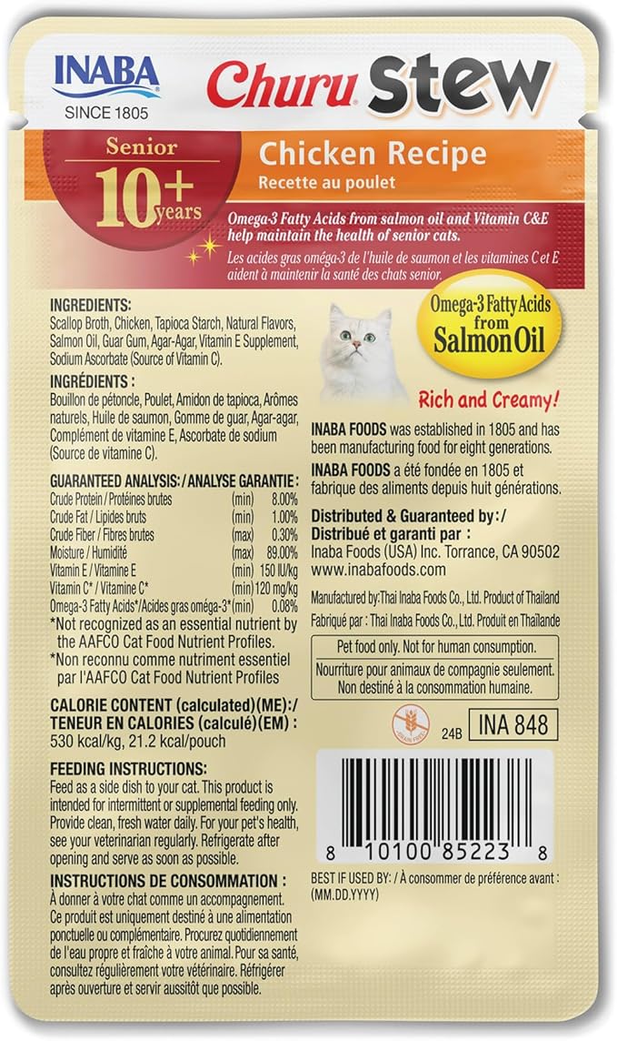 INABA Churu Stew for Cats Senior 10+, Side Dish Pouch, 1.4 Ounces per Pouch, 12 Pouches Total, Chicken Recipe