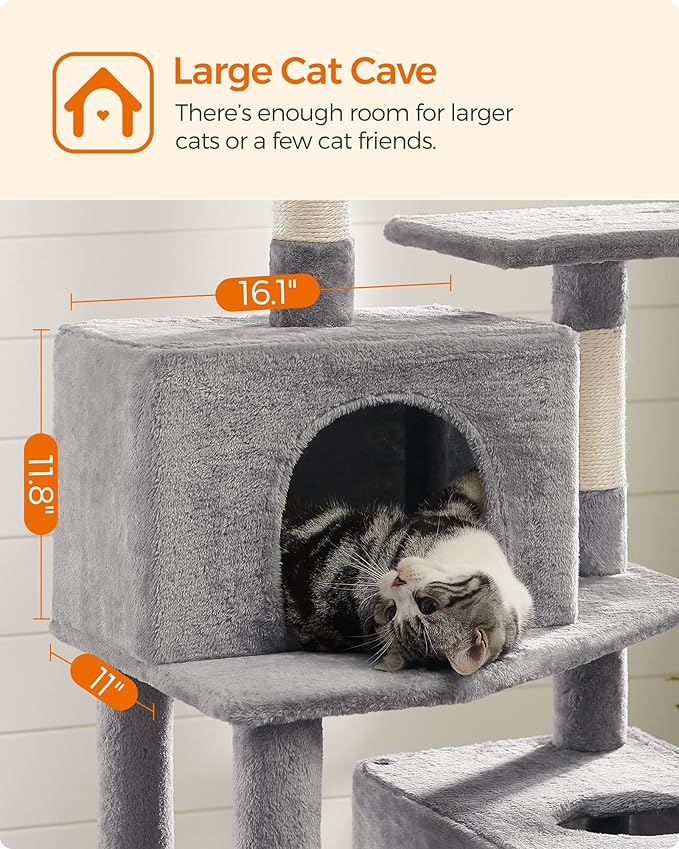 Feandrea Cat Tree, 75.2-Inch Cat Tower for Indoor Cats, Plush Multi-Level Cat Condo with 5 Scratching Posts, 2 Perches, 2 Caves, Hammock, 2 Pompoms, Light Gray UPCT191W01