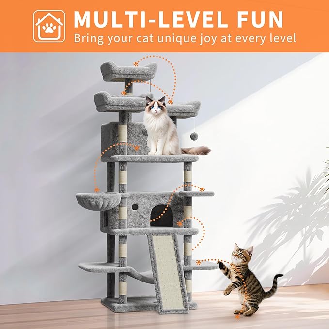 68.5 Inch Multi-Level Cat Tree, Plush Cat Tower with Condo/Sisal Scratching Posts/Hammocks/Basket/Dangling Ball/Platform, Heavy Duty Cats Tree to Play and Sleep, 2601#Light Grey
