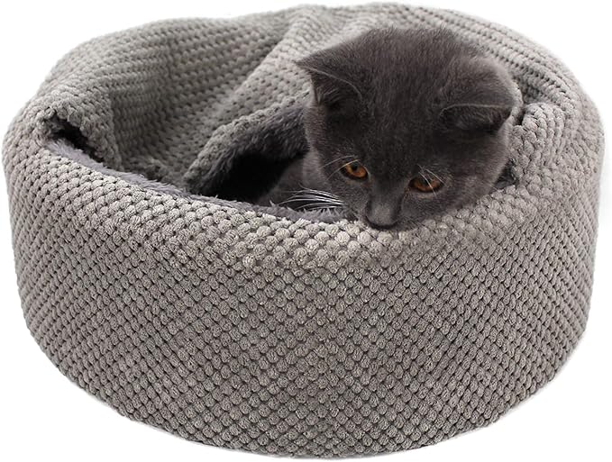 Winsterch Washable Cat Bed - Round Soft, Cozy & Warming for Indoor Cats. Calming Kitten Pet Bed. Small Pet Covered Cat Cave Beds (Gray,12.59 x 12.59 x 5.91 in)