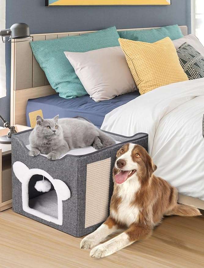Cat Houses for Indoor Cats, Large Cat Cave with Fluffy Ball and Scratch Pad, Covered Cat Bed House, Foldable Cat Hideaway
