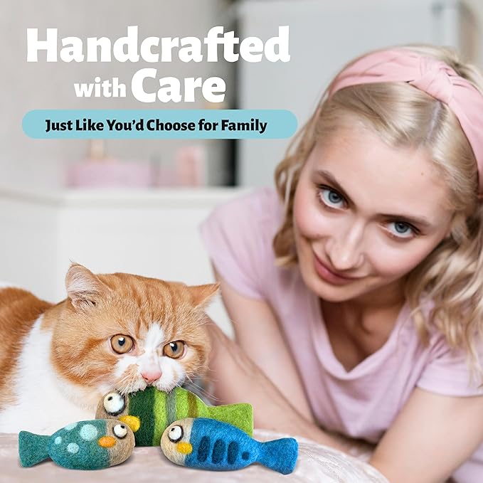Woolbuddy 𝗡𝗲𝗲𝗱𝗹𝗲 𝗙𝗲𝗹𝘁𝗶𝗻𝗴 𝗞𝗶𝘁 𝗳𝗼𝗿 𝗕𝗲𝗴𝗶𝗻𝗻𝗲𝗿𝘀 DIY Cat Toys Set (3-Pack) – Handmade Felted Fish, Wool Felting Kit for Cats, Soft Enrichment Toys, No Catnip