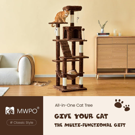 MWPO 63.8 inches Multi-Level Cat Tree for Large Cats with Sisal-Covered Scratching Posts, Padded Platform, Hammock and Condo,Stable Cat Tower Cat Condo Pet Play House (Brown)