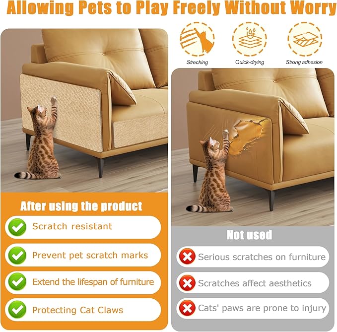 Cat Scratching mat Self-Adhesive, Trimmable Furniture Protector for Couch, Sofa, Wall & Cat Trees - Durable Scratch Pad with Nano Tape, DIY Climbing Carpet for Indoor Cats (Khaki, 78.7"x15.8")