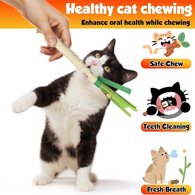 Catnip Chew Stick 4PCS with Wrapped Cotton Rope – Natural Dental Care Cat Toy for Teeth Cleaning & Gum Health, Satisfies Chewing Instincts, Safe & Long-Lasting Kitten Teething Toy (White)