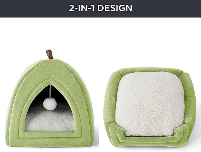 Bedsure Cat Beds for Indoor - 2 in 1 Cat Cave House Tent for Kittens and Small Pets with Removable Washable Cushioned Pillow, Foldable Kitten Hideaway with Non-Slip Bottom, Green, 16 inches