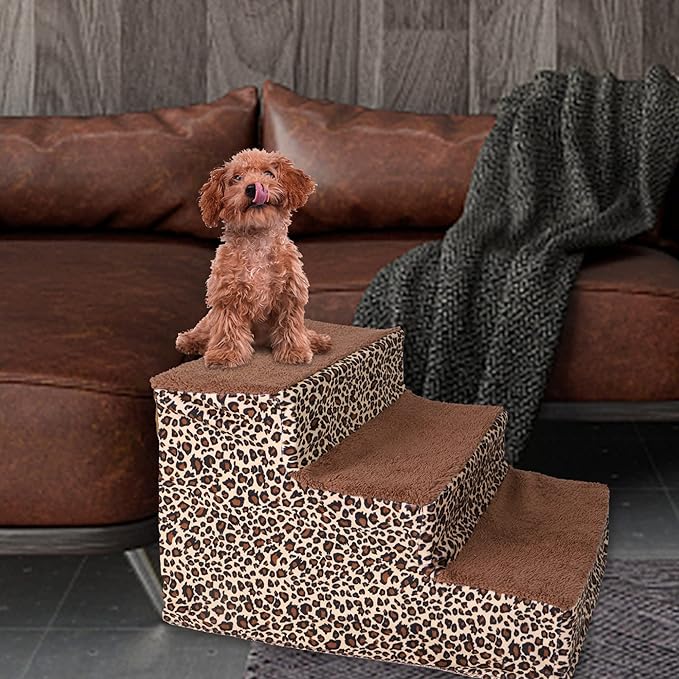 yofit Doggy Steps - Non-Slip 3 Steps Pet Stairs for Cats and Dogs, Foldable Plastic with Washable Carpet Holds Up to 50 lbs (Leopard)