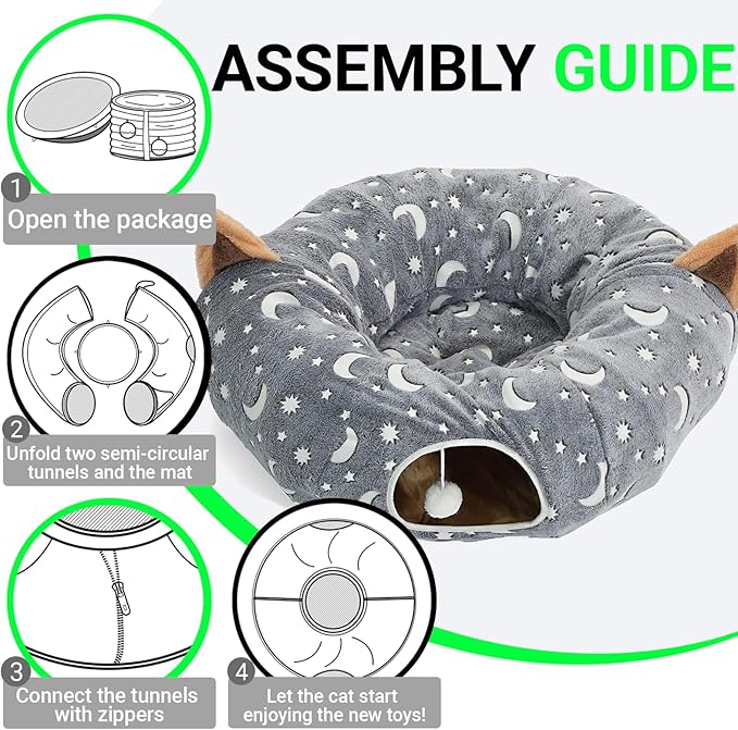 LUCKITTY Cat Tunnel Bed Tube with Cushion and Plush Ball Toy Playground Crinkle Collapsible Self-Luminous Flannel Fabric 3FT for Large Cats Kittens Kitty Small Animals Puppy Grey Moon Star