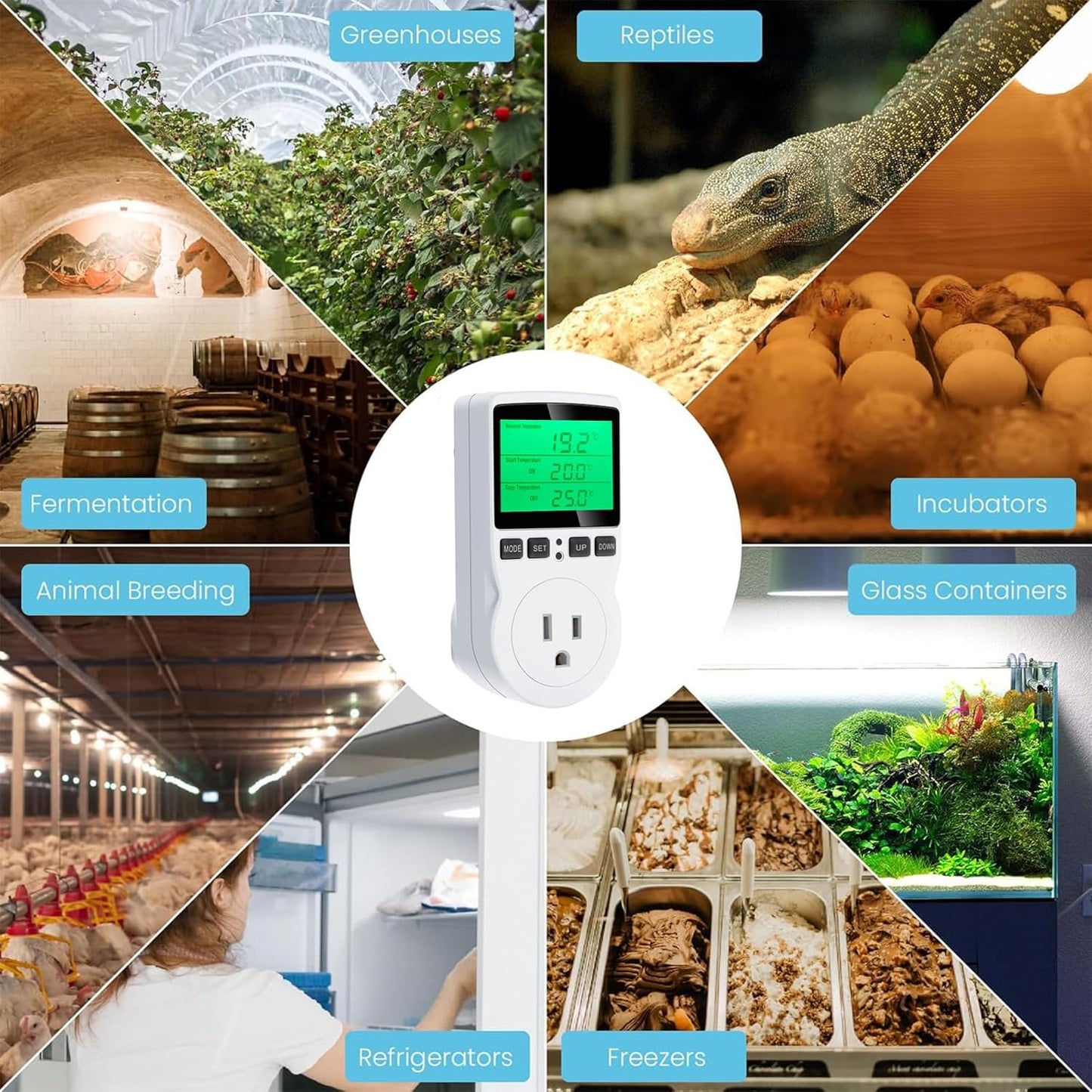 KABASI Digital Temperature Controller, Backlit LCD Screen Thermostat Heating Cooling Outlet Plug with Sensor Timer for Reptile Incubator Greenhouse Brewing Refrigerator 110V, 15A, ℉/℃