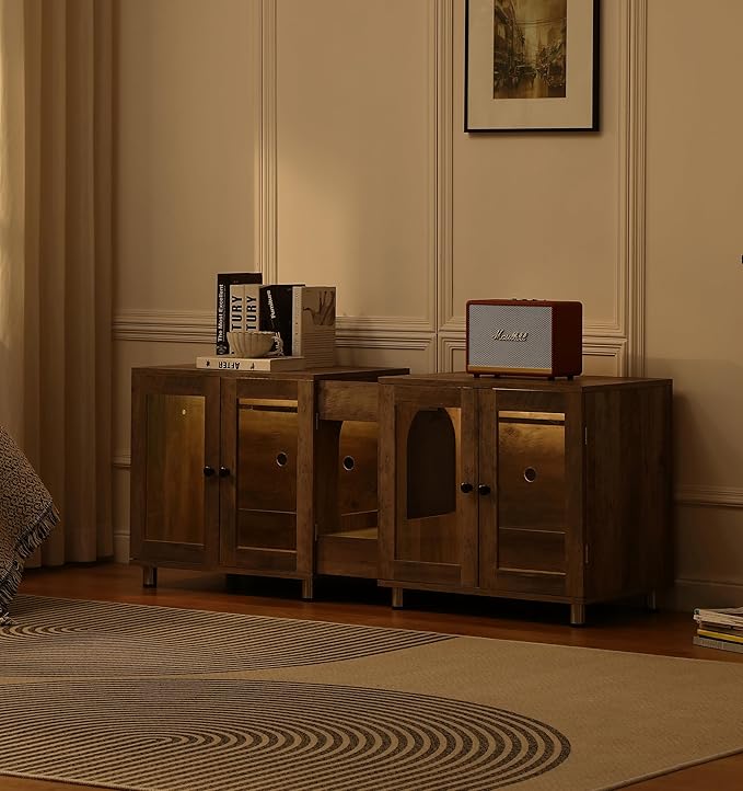 Double Cat Litter Box Enclosure for 2 Cats,Modern Double Litter Box Furniture with 7 Colors LED and Built-in Power Outlet,Large Cozy Cat Home,4 Glass Doors for Better Viewing,Grey