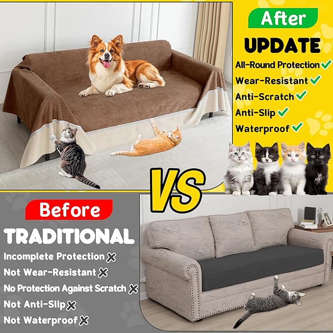 Loiion Cat Scratch Furniture Protector - Anti-Slip, Waterproof Sofa Cover to Keep Cats Off, Pet-Friendly Couch Protectors for 3 Cushion Couch, Anti-Scratch Couch Cover for Pets and Kids 150"X91"Brown