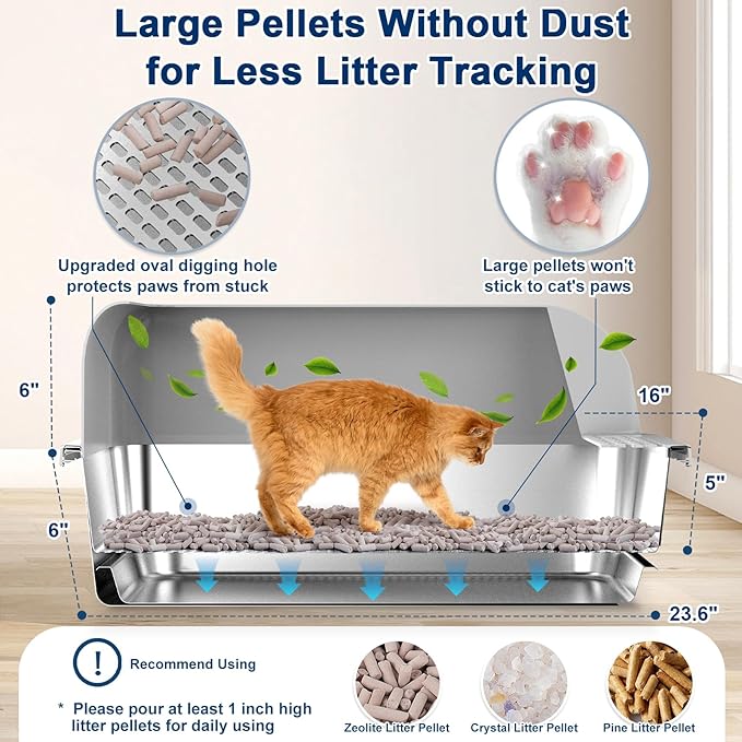 23.6"x15.7"x6" Enclosed Stainless Steel Litter Box with Lid, XL Sifting Litter Box for Pine Pellets with Removable Drawer Pan for Easy Cleaning, High Sides Large Metal Litter Box System for Big Cats