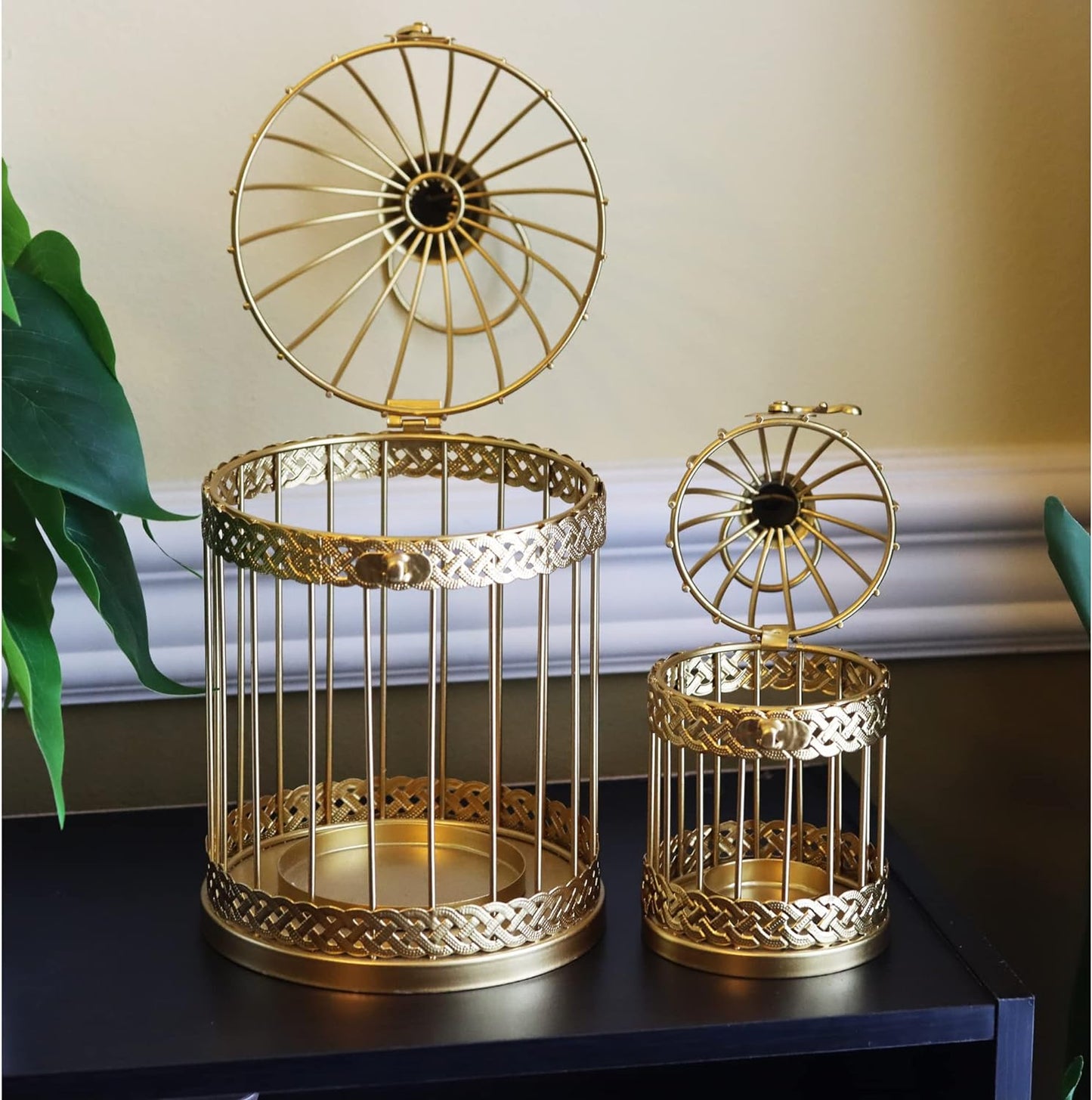 VELA LANTERNS Birdcage Decor Candle Holder Lantern Decorative Wedding Table Centerpiece Decorations, 10" and 6" Tall, Gold, Set of 2