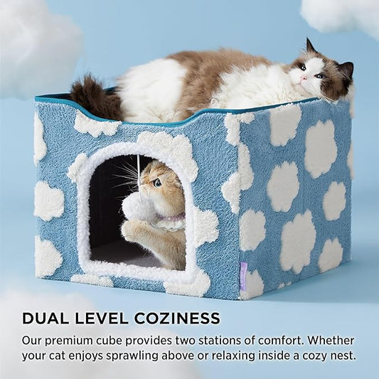 LE SURE Indoor Cat Beds Kitten House - Large Cat Cave for Pet Cube with Fluffy Ball Hanging, Foldable Small Aminal Hideaway, 17 Inches, Cozy Clouds Blue