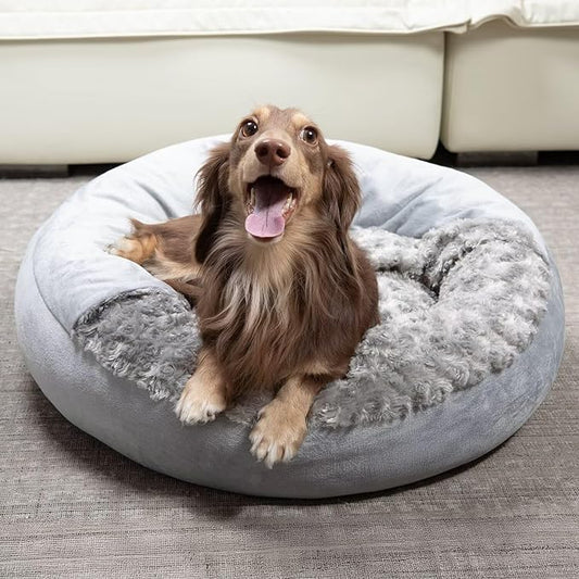 Cave Dog Bed with Blanket Donut Round Plush Cozy Cat Pet Bed for Puppy Machine Washable Removable Cover Anti-Slip Bottom Gray 26X26X8 inch