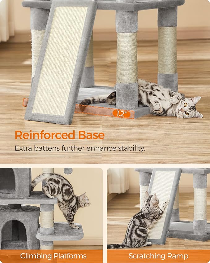 Feandrea 67 Inches Multi-Level Cat Tree for Large Cats, with Cozy Perches, Stable, Light Gray UPCT18W