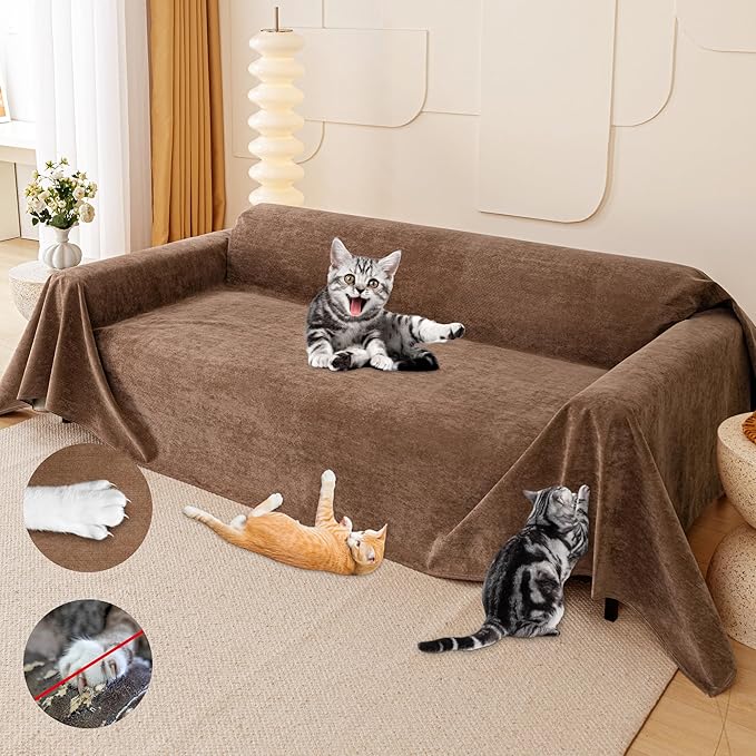 Cat Scratch Furniture Protector - Anti-Slip, Waterproof Sofa Cover to Keep Cats Off, Pet-Friendly Couch Protectors for 3 Cushion Couch, Brown Anti-Scratch Couch Cover for Pets and Kids 134"X71"