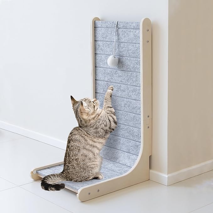 PETKARAY Felt Cat Scratcher, Vertical Cat Scratching Pad, Scratch Resistant Couch Carpet Scratcher, Slot-Free Scratch Board with Toy Ball, Light Grey