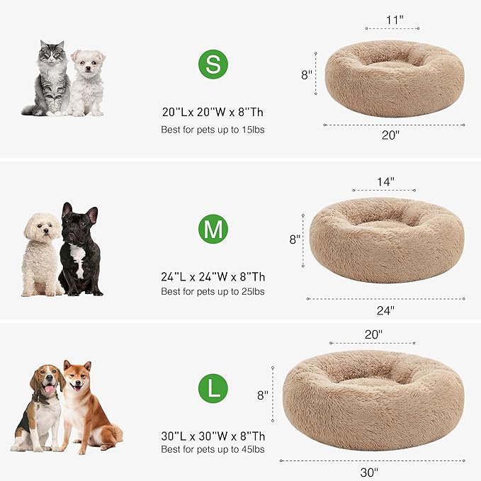Love's cabin Calming Dog & Cat Bed, Cat Bed for Indoor Cats,Anti-Anxiety Donut Round Dog Bed,Fluffy Faux Fur Washable Bed for Small Medium Pet,Beige,Taupe,30"