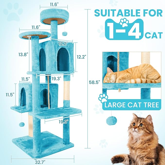 58.5inch Large Cat Tree Tower Condo for Indoor Cats, Soft Plush Multi-Level Climbing Tree Cat House, Scratching Post, More Entrance/Exit, Sisal Rope, Peacock Blue