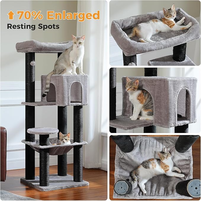 Large Cat Tree for Indoor Cats Large Adult, 57.8" Heavy Duty Cat Tower with Reinforced Scratching Posts (φ3.7in) and Plush Larger Hammock for Maine Coon & Big Cats, Supports 30lbs, Black
