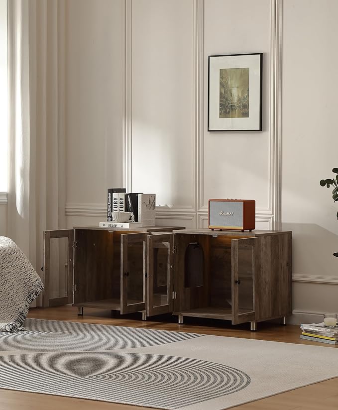 Double Cat Litter Box Enclosure for 2 Cats,Modern Double Litter Box Furniture with 7 Colors LED and Built-in Power Outlet,Large Cozy Cat Home,4 Glass Doors for Better Viewing,Grey