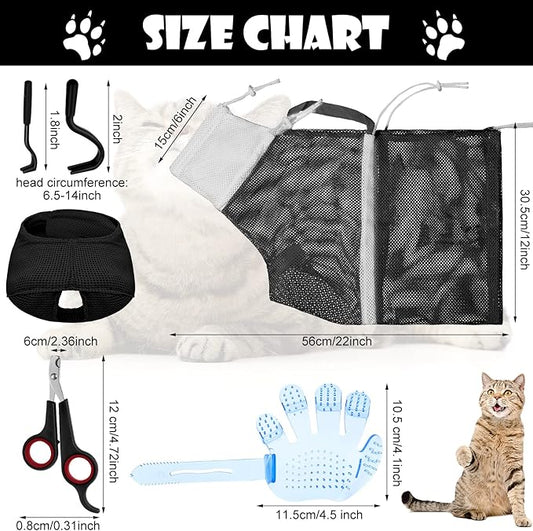 Patelai 5 Pcs Cat Bathing Bag Set Cat Grooming Bag Adjustable Pet Shower Net Muzzles Nail Clipper Tick Remover Tool Massage Brush(Black White)